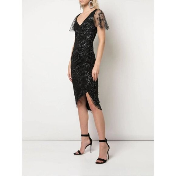 NWT Marchesa Notte Black Lace V-Neck Flocked Midi Dress $495 - Picture 5 of 7